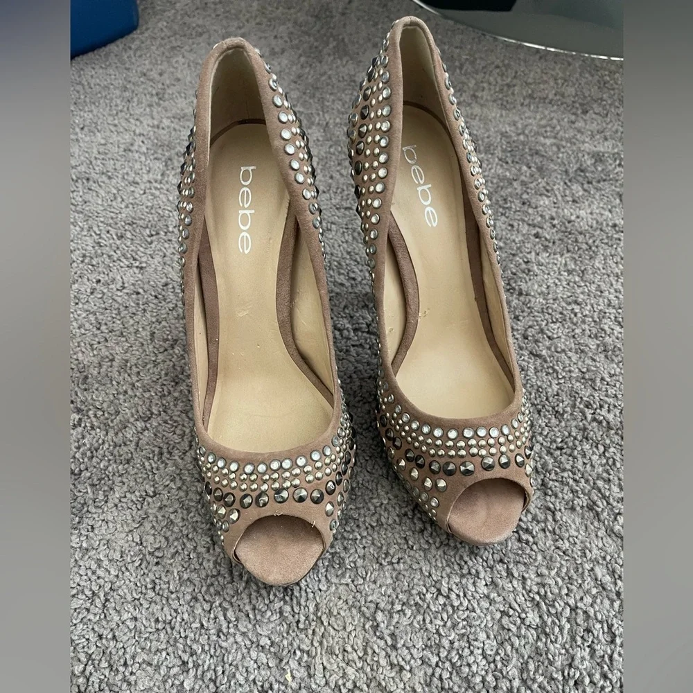 Bebe Tan Rhinestone Peep-Toe Heels - Picture 1 of 3